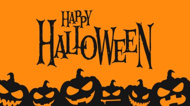 Cadılar Bayramın kutlu olsun. Turuncu arka plan, siyah balkabakları. Poster ya da tebrik kartı olarak kullanılabilir.