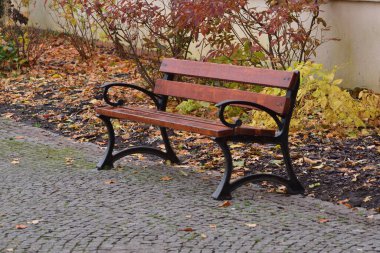 Sonbahar gezinti parkındaki banklar dökülen yaprakların ve sisin arasında..