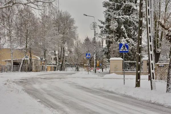 Árvores Casas Placas Estrada Rua Uma Cidade Coberta Neve Dia — Fotografia de Stock