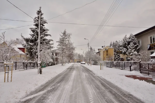 Árvores Casas Placas Estrada Rua Uma Cidade Coberta Neve Dia — Fotografia de Stock