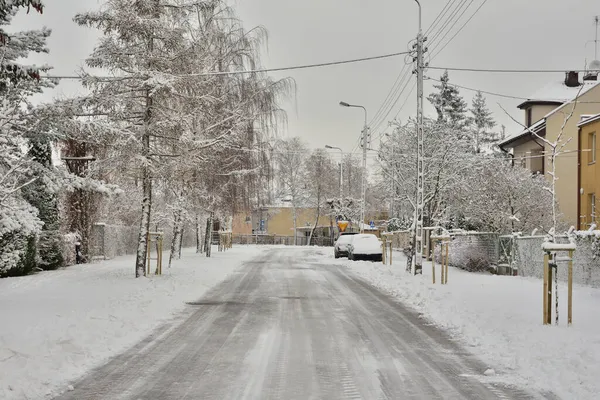 Stromy Domy Dopravní Značky Ulice Městě Pokrytém Sněhem Oblačného Zimního — Stock fotografie