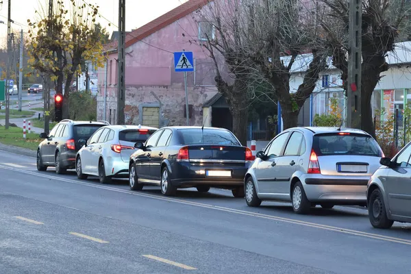 Traffic Jam High Beam Swinging Lights Crossing Road Work Area — Stock Photo, Image