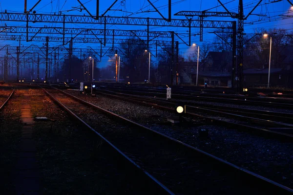 Demiryolu Altyapısı Raylar Raylar Güç Kabloları Rayların Üzerinde Kablo — Stok fotoğraf