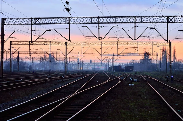 Infraestructura Ferroviaria Vías Rieles Cables Alimentación Sobre Las Vías Cables —  Fotos de Stock