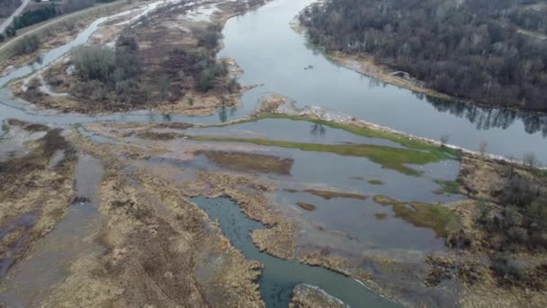 Oxbow Lake Narew Flooding Gloomy Autumn Day Filmed Drone Flight — стоковое видео