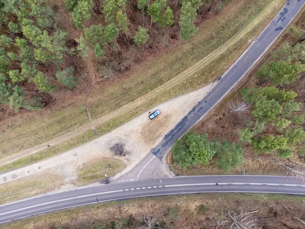 Intersection Asphalt Forest Roads Dense Forest Autumn Seen Day — стоковое фото