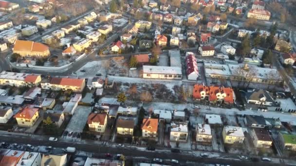 Snow Covered Houses Buildings City Seen Bird Eye View Winter — Stockvideo
