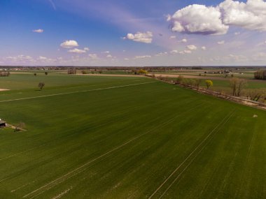 Bahar tarlaları, çayırlar ve köyler güneşli, güneşli bir günde kuş bakışı görülür..