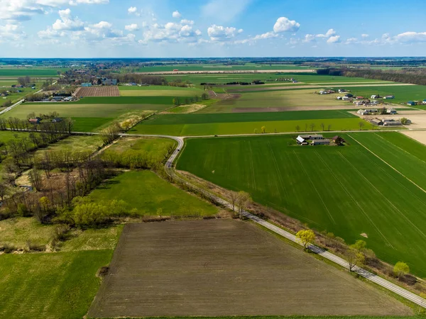 Spring Fields Meadows Villages Seen Bird Eye View Sunny Clear — Stock Photo, Image