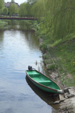 Balıkçı teknesi güneşli bir günde çimenli bir kıyıya demirledi. Yaz.