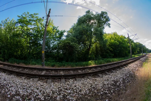 Railroad Tracks Dirt Road Uwa Fisheye Lens Sunny Day — Stockfoto