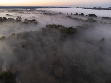 Sis üzerinde insansız hava aracının resimleri. Nehir, orman, tarlalar ve çayırlar sisli bir yaz şafağında.