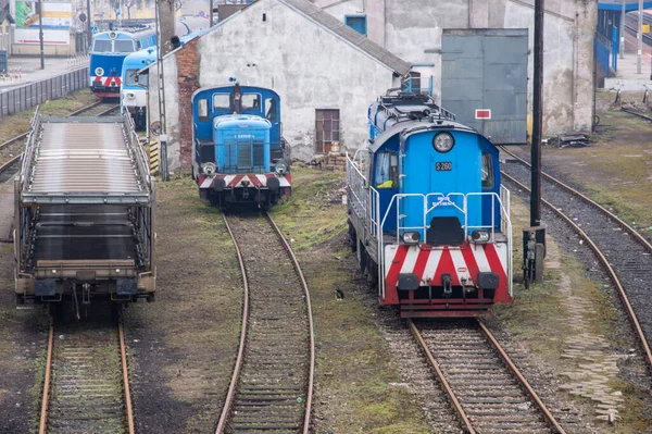 Elektrische Lokomotiven Waggons Eisenbahninfrastruktur Einem Bewölkten Herbsttag — Stockfoto