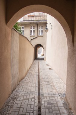Bulutlu bir günde, eski kasabadaki evler ve bahçeler arasındaki sokakta..