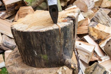 Açık bir günde odun keserken bir balta ve kütük..