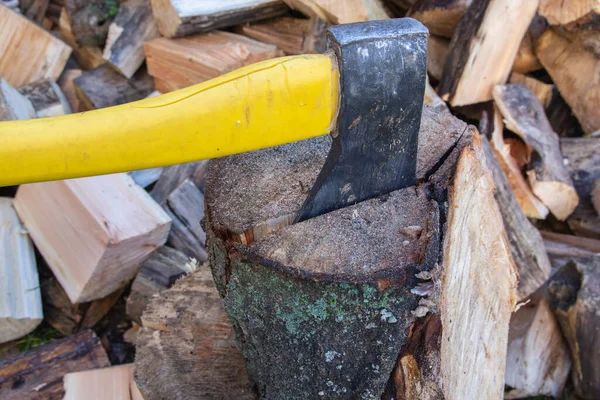 An ax and a stump while chopping firewood on a clear day.