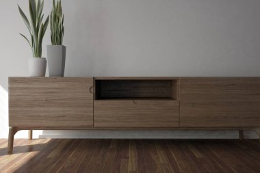 Şifonyer ve bitki iç tasarımı olan modern bir oda. 3B illüstrasyon