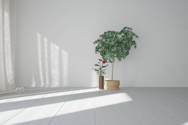 İç dizaynı bitki ve perde olan modern bir oda. 3B illüstrasyon