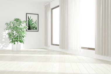 Birçok bitki ve perdesi olan modern bir oda.