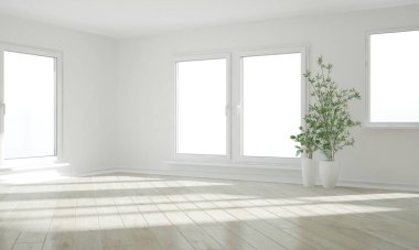 Birçok bitki ve perdesi olan modern bir oda.