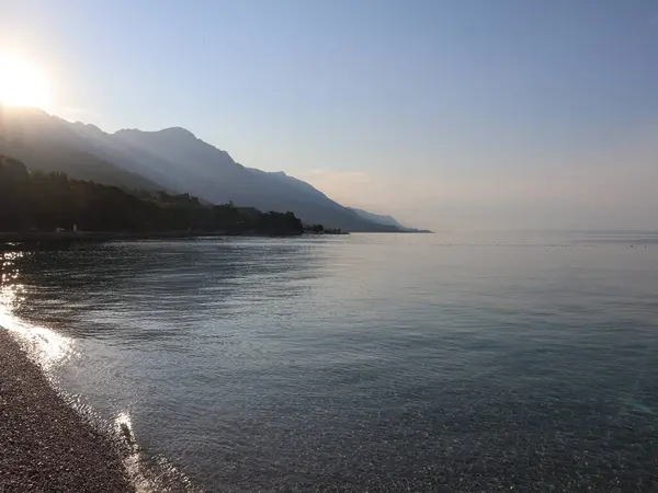 Matahari Terbit Atas Laut Pantai Kroasia Seascape Tenang Laut Dan — Stok Foto