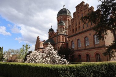 Üç Aziz Kilisesi, Bukovina ve Dalmaçya Metropolitanları 'nın eski konutunun UNESCO Dünya Mirasları Listesi, Chernivtsi de dahil olmak üzere bir bahar günü çiçek açan manolyanın arka planına karşı inşa edilmesi.