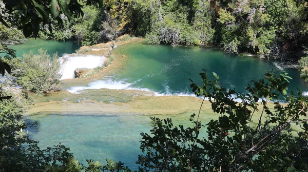 緑の葉の間でKrka国立公園の絵のような川Krka クロアチア Krka国立公園の風景 晴れた秋の日に緑の木を背景に滝と川の青穏やかな水 — ストック写真