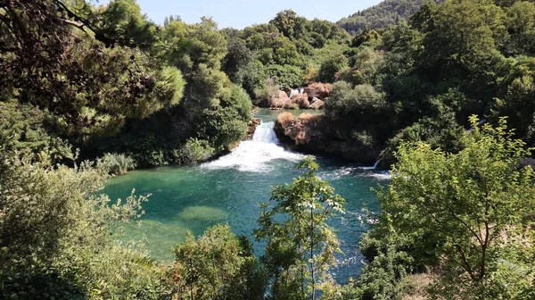 View Krka River Waterfalls Azure Clear Water Backdrop Green Pine — Stock Fotó