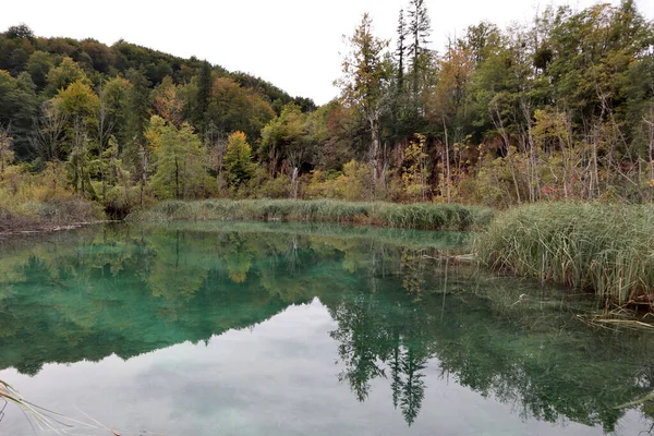 Landscape lake and mountains, reflection in the water of the lake of rocks and trees on an autumn day, Plitvice Lakes National Park. Low mountains overgrown with green forest and trees are reflected in the calm mirror surface of the lake