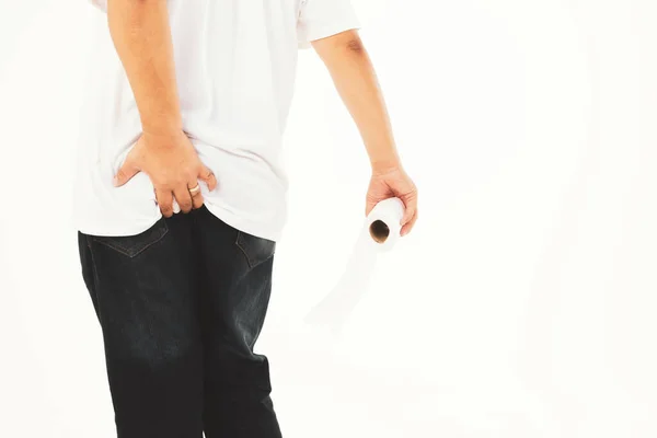 Back Man Holding Toilet Paper Roll Tissue Suffering Pain Hemorrhoids — Stockfoto