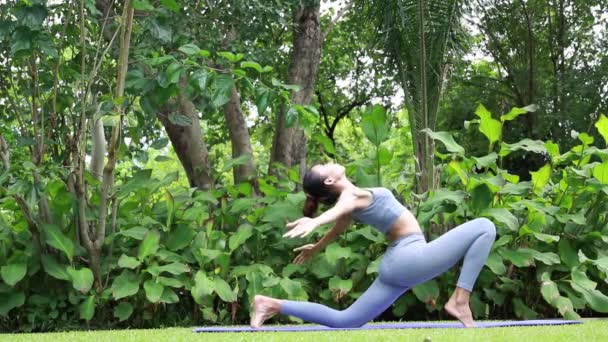 Азиатская Женщина Успокаивает Свой Занимаясь Йогой Саду Упражнений Здоровья Расслабления — стоковое видео