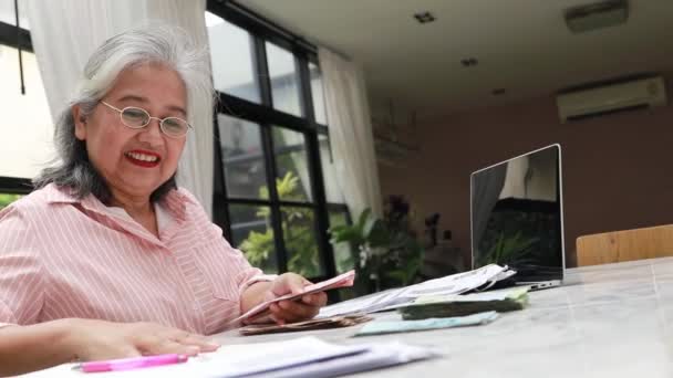 Mujer Mayor Sienta Contando Felizmente Los Billetes Que Acumulado Casa — Vídeos de Stock