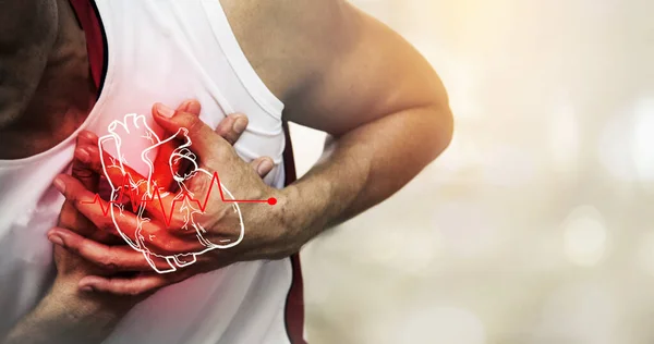 Blurred Man holding his hand and squeezing his chest suffers heart attack, severe heart attack and showing pain and suffering while exercising : Concept of myocardial infarction