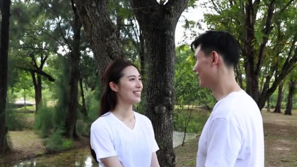 Romance Asian Couple Shakes Hands Together Greets Them Smiles Gazing — Stock Video