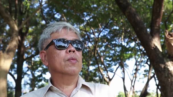 Porträtt Asiatisk Senior Man Bär Mörka Glasögon För Att Läka — Stockvideo