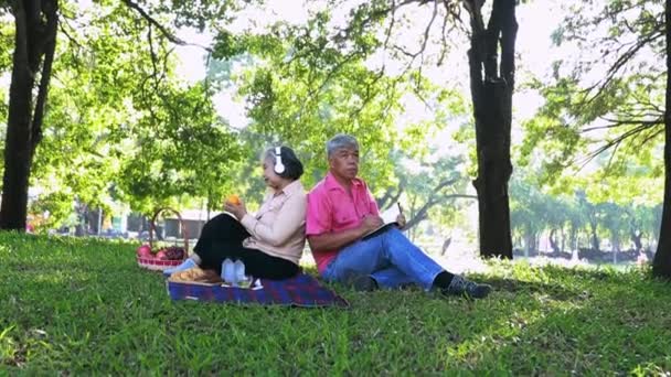 夏の庭での幸せな退職カップル 趣味のあるシニアカップルの庭の快適な雰囲気と日陰の木で幸せ一緒に音楽を聴きながら絵を描く — ストック動画