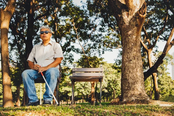 Görme engelli yaşlı ve yaşlı Asyalı bir adam parktaki tahta bir sandalyede oturuyor. Duyularını rahatlatmak ve doğanın seslerini dinlemek için..