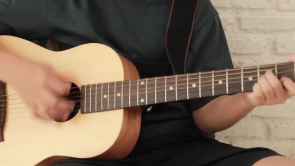 Young Man Hands Practice Playing Acoustic Guitar Home — Stock Video