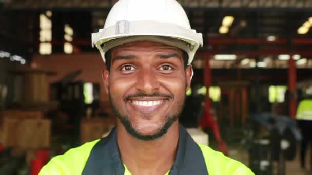 インドの男性エンジニア 工業労働者 プロの男は 商業用ロボット工場の仕事に非常に自信を持って 笑顔とヘルメットと安全服を着て — ストック動画