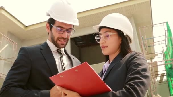 Two Male Architects Female Sales Representative Different Nationalities Stand Consult — Stock Video