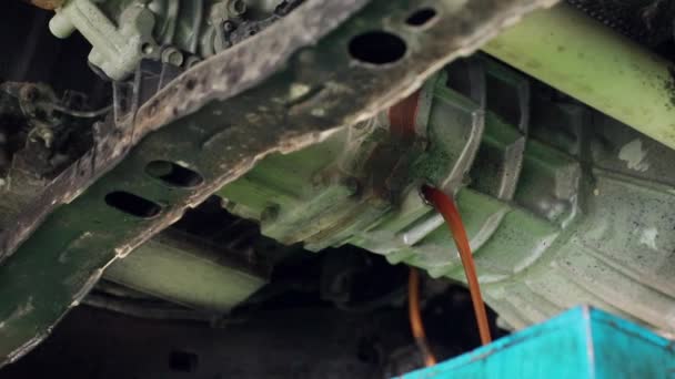 Mechanic Drains Diesel Engine Oil Tank Check Deterioration Repair Replace — ストック動画