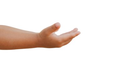 Boy's hand gestures to raise hands to ask for food donations for help for humanitarian survival : Clipping Path