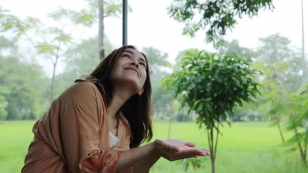 Portré Ázsiai Várja Esőt Egy Sátorban Egy Parkban Kezével Eső — Stock videók