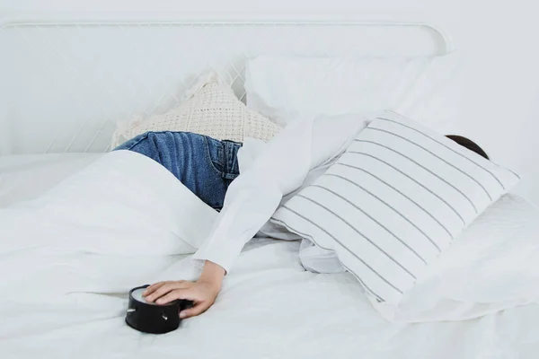 Late Night Woman Lazy Girl Spent Night Bed Put Jeans — Stock Photo, Image
