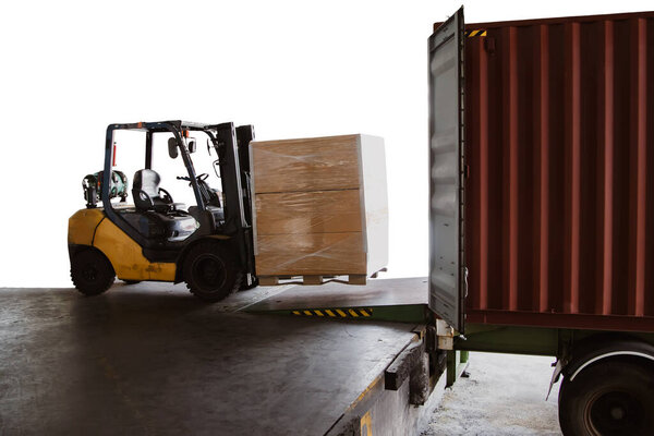 Forklift trucks transport boxes to containers for shipping. and transporting goods in the region to the white background industry dealers.