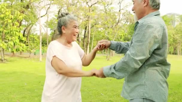 幸せな高齢者家族 健康な年配のカップル瞬間アジアのカップルは週末に葉の公園で踊り 愛情を持ってリラックスします — ストック動画