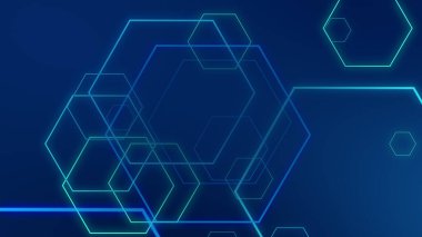 Altıgen geometrik mavi ışık teknolojisi yüksek teknoloji koyu arka plan. Soyut grafik dijital gelecek bilim konsept tasarımı.