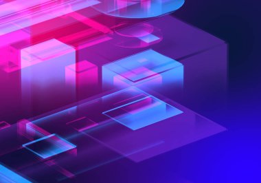 Soyut 3d mavi mor renk arızası izometrik zincir ve dijital bulut ağ teknolojisi dokusu arka planı. 3d şifreleme sistemi kavramı.