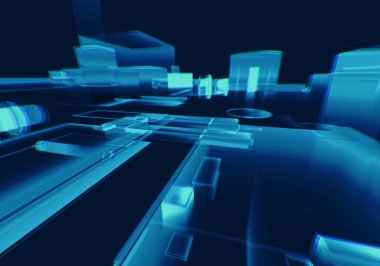 Soyut 3d mavi renk arızası izometrik zincir ve dijital bulut ağ teknolojisi dokusu arka planı. 3d şifreleme sistemi kavramı.
