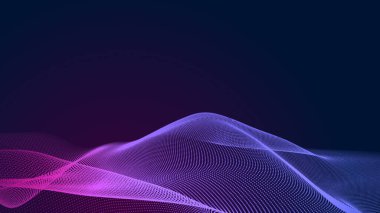Nokta mavi mor dalga çizgisi, ışık eğimli koyu arkaplan. Soyut teknoloji büyük veri dijital arkaplanı. 3d oluşturma.